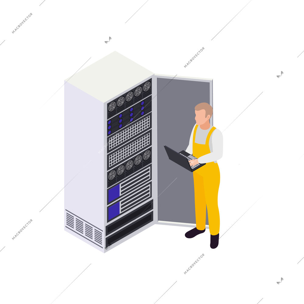 Data center isometric composition with human character with laptop near server rack vector illustration