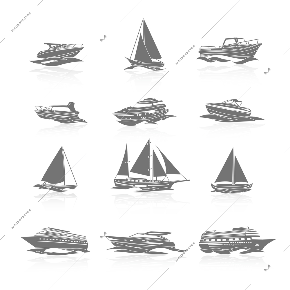 Ocean cruise liner ship and sailboat yachts boats silhouettes black pictograms collection abstract graphic isolated vector illustration