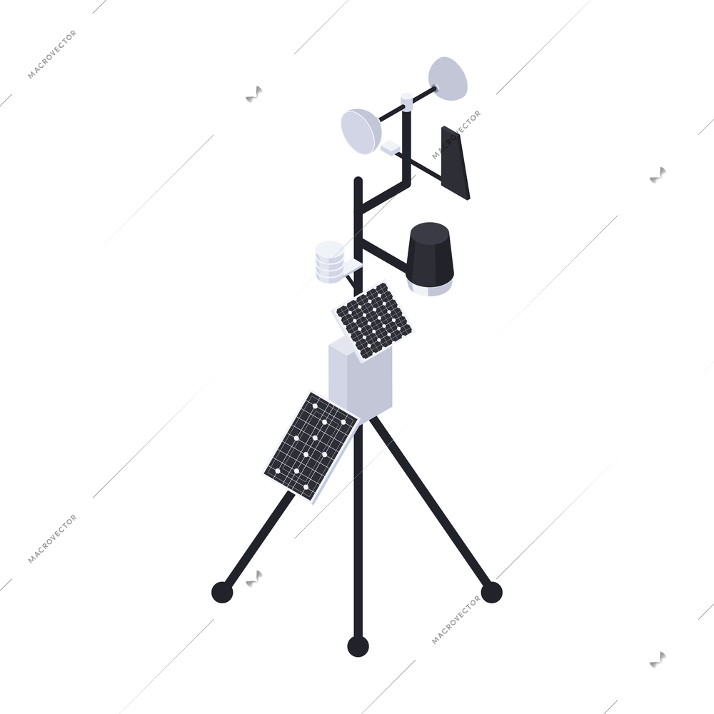 Meteorology weather forecast isometric composition with set of electronic transmitters transducers on column vector illustration