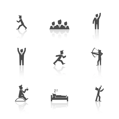 Man figure in suit and group action black icon set isolated vector illustration