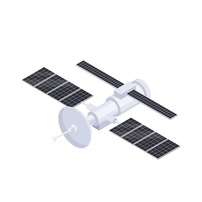 Meteorology weather forecast isometric composition with isolated image of cosmic satellite with solar batteries vector illustration