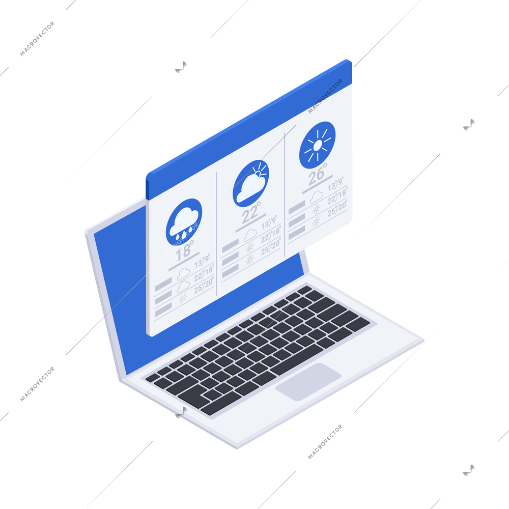 Meteorology weather forecast isometric composition with image of laptop and screen with weather vector illustration