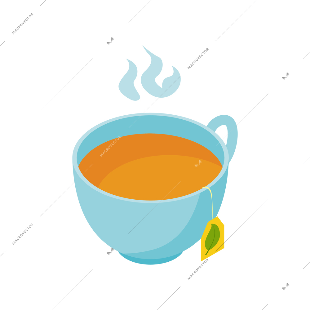 Isometric composition with isolated image of cup with hot tea bag vector illustration