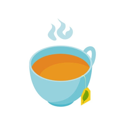Isometric composition with isolated image of cup with hot tea bag vector illustration