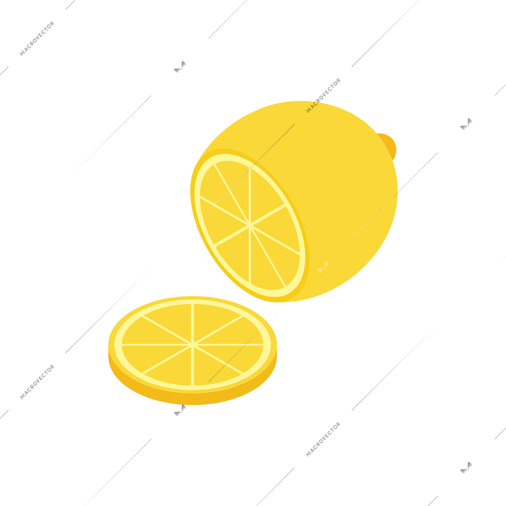 Isometric composition with isolated images of whole lemon with cut slice vector illustration