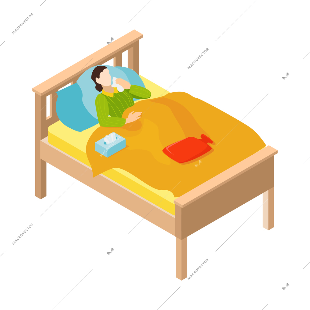 Isometric cold flu virus composition with view of bed with lying patient got cold vector illustration