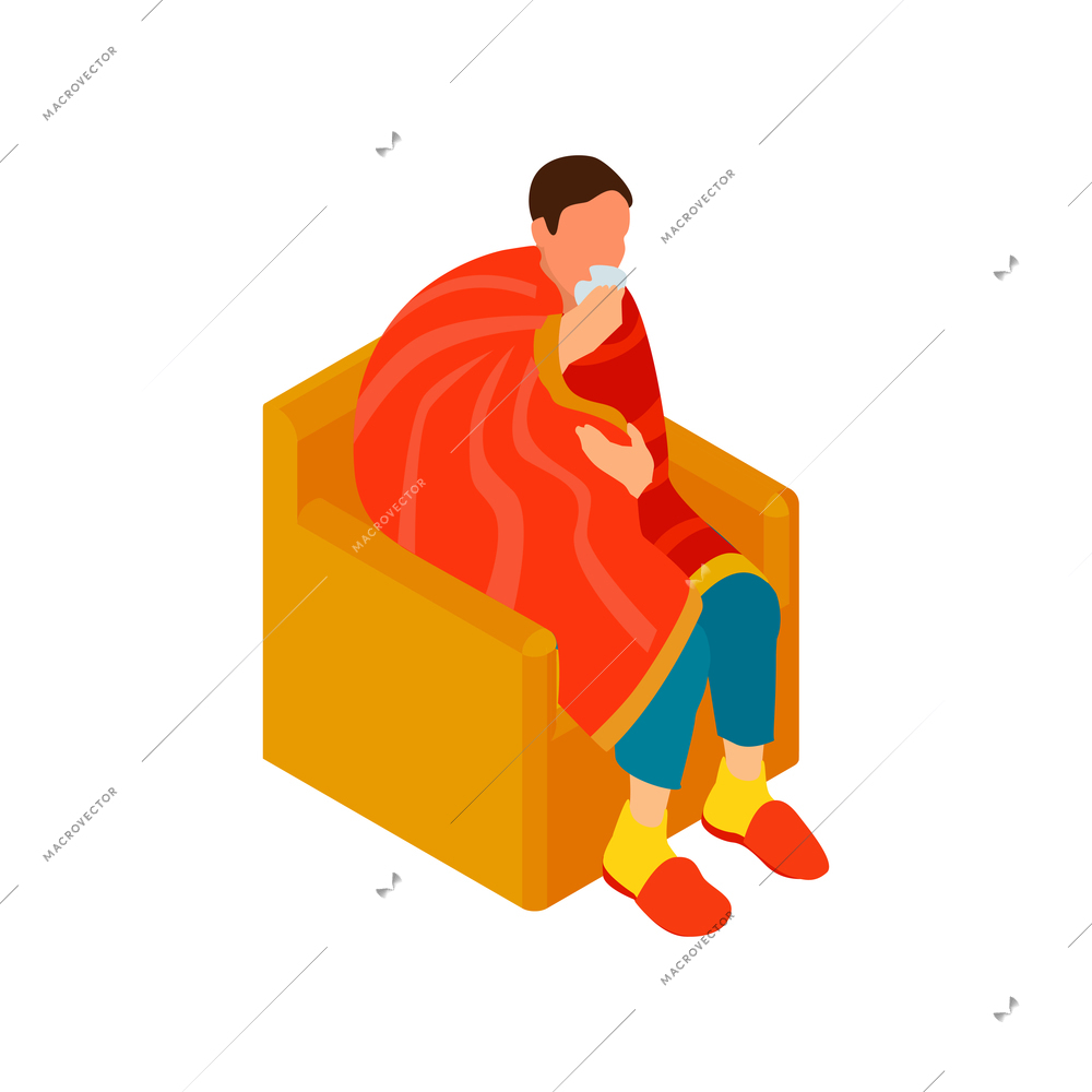 Isometric cold flu virus composition with sick person sitting in chair wrapped in plaid vector illustration