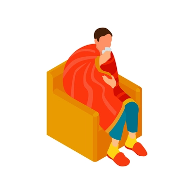 Isometric cold flu virus composition with sick person sitting in chair wrapped in plaid vector illustration