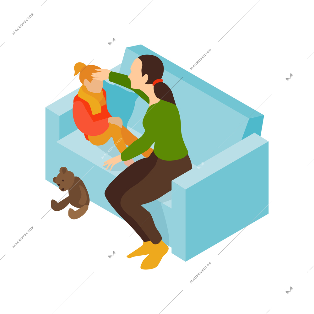 Isometric cold flu virus composition with mother touching forehead of her daughter vector illustration
