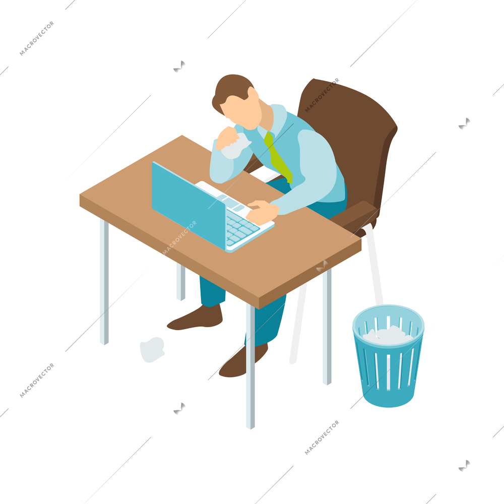 Isometric cold flu virus composition with sick worker sitting at table with laptop vector illustration