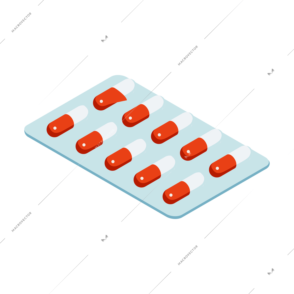 Isometric composition with isolated view of pills in pack vector illustration