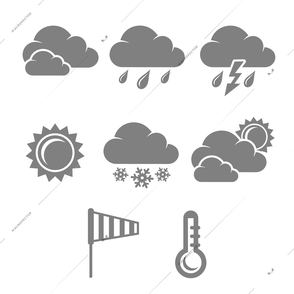 Weather symbols set, contrast flat isolated vector illustration