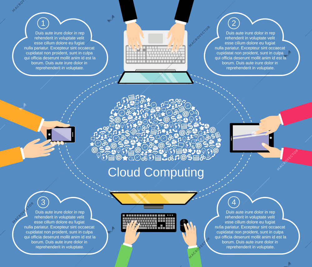 Cloud computing concept with business icons and hands holding computer devices vector illustration