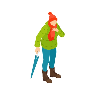 Isometric cold flu virus composition with coughing person in warm clothing with umbrella vector illustration