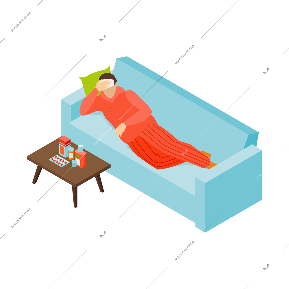 Isometric cold flu virus composition with view of sick person laying on sofa with meds on bedside table vector illustration