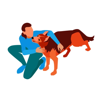 Isometric composition with human character of master embracing their dog vector illustration