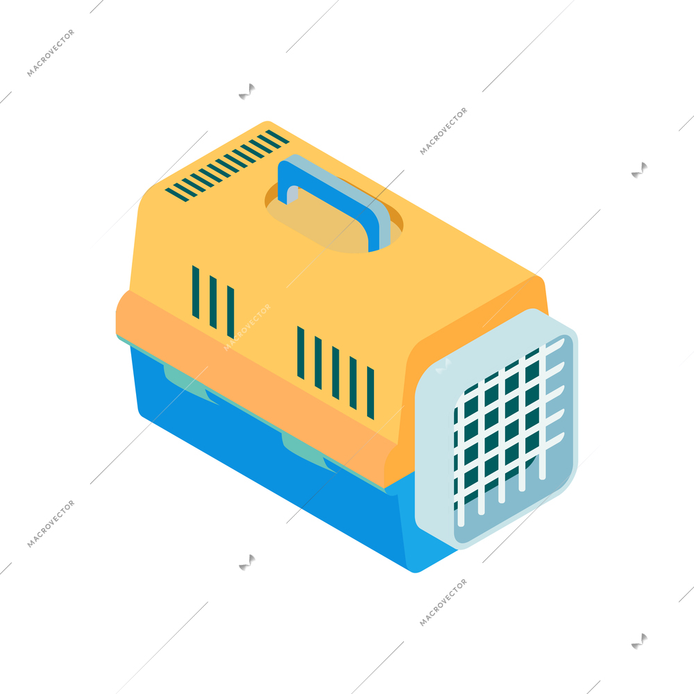 Isometric composition with isolated image of pet carrier with handle and door vector illustration