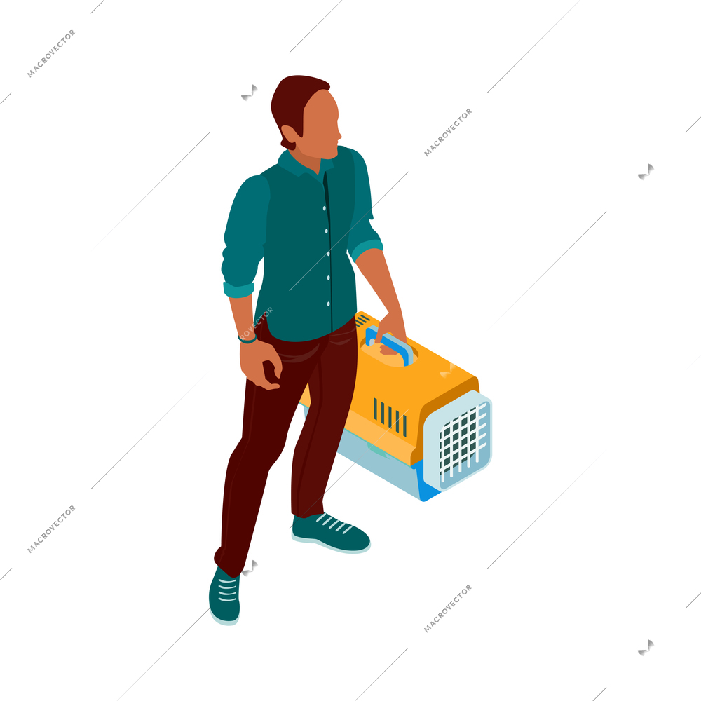 Isometric veterinary composition with human character of man holding carrier for pets vector illustration
