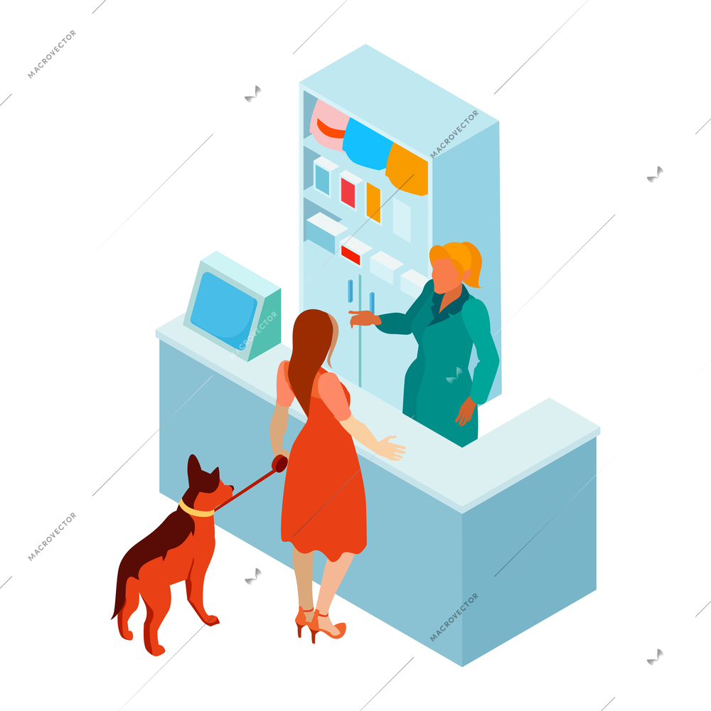 Isometric veterinary composition with view of pharmacy counter with master and dog vector illustration