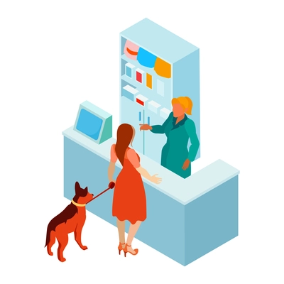 Isometric veterinary composition with view of pharmacy counter with master and dog vector illustration