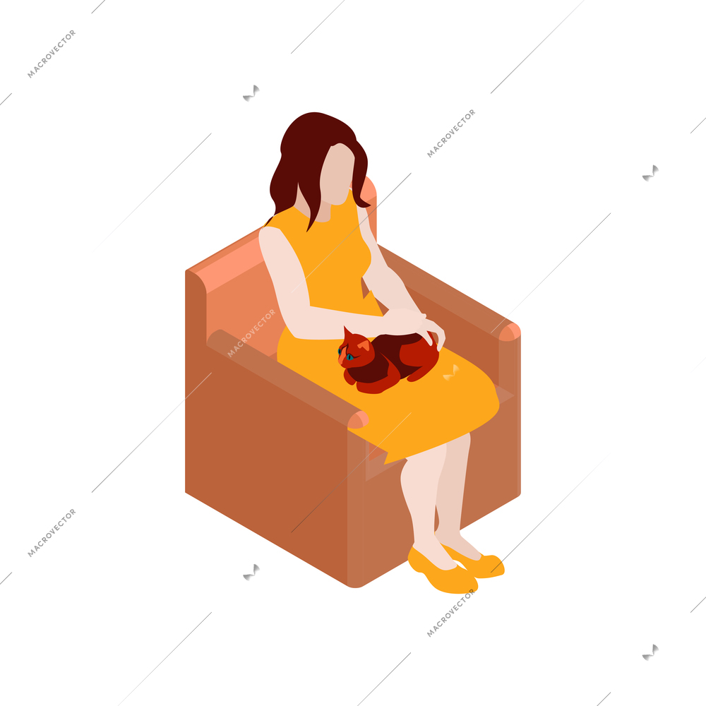 Isometric composition with sitting woman with cat on her knees vector illustration