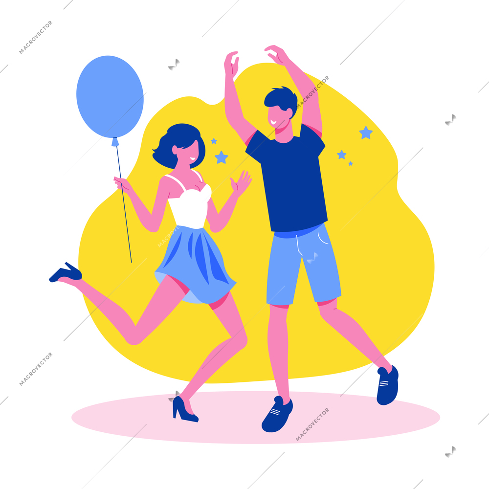 Party flat composition with characters of teenage boy and girl with balloon vector illustration