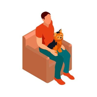 Isometric composition with view of man sitting on chair with dog vector illustration