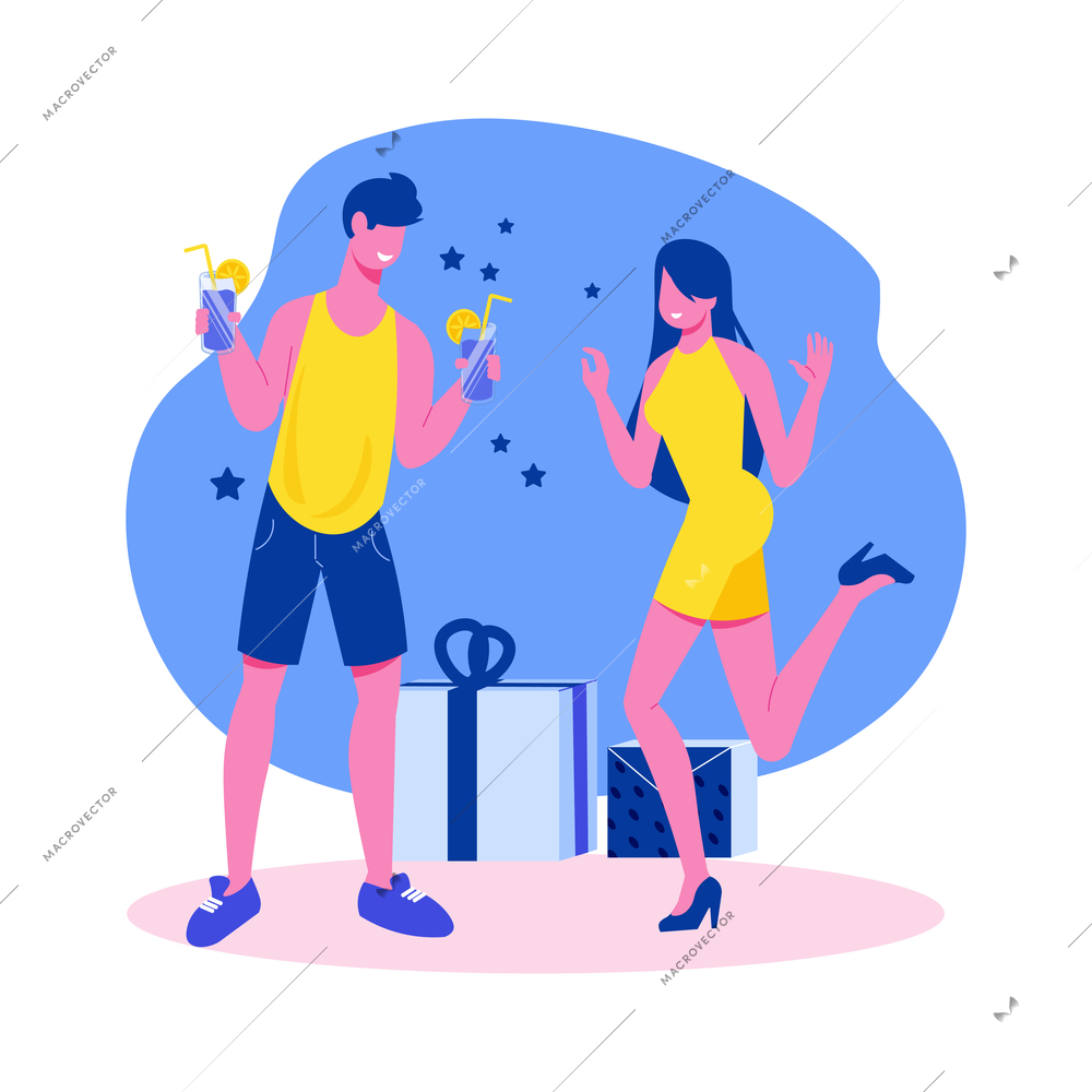 Party flat composition with characters of dancing young people with gift boxes vector illustration