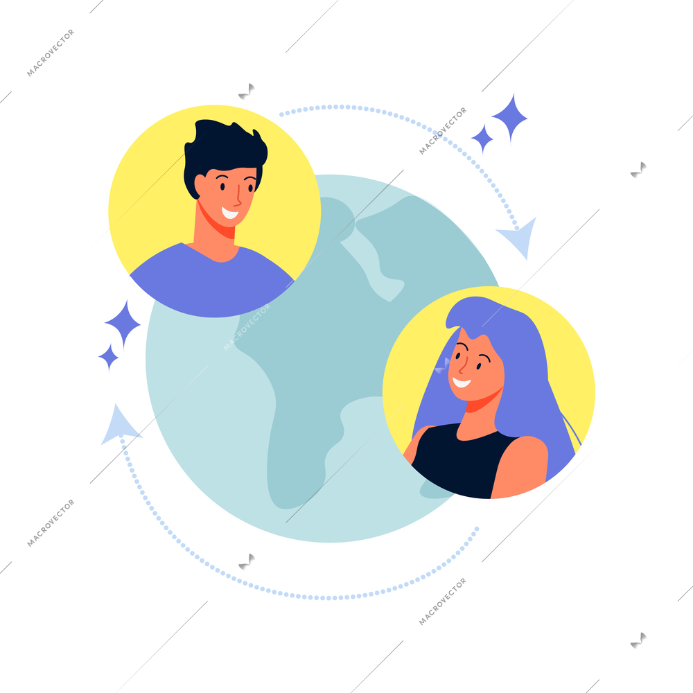 Online education composition with images of earth globe arrows and profile pictures of man and woman vector illustration