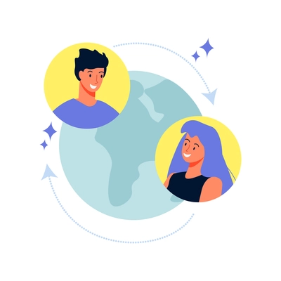 Online education composition with images of earth globe arrows and profile pictures of man and woman vector illustration