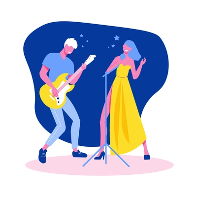 Party flat composition with view of stage with man playing guitar and singing woman vector illustration