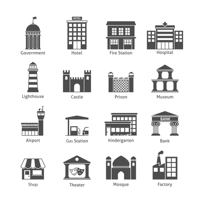 Government building icons black set of hotel fire station hospital isolated vector illustration