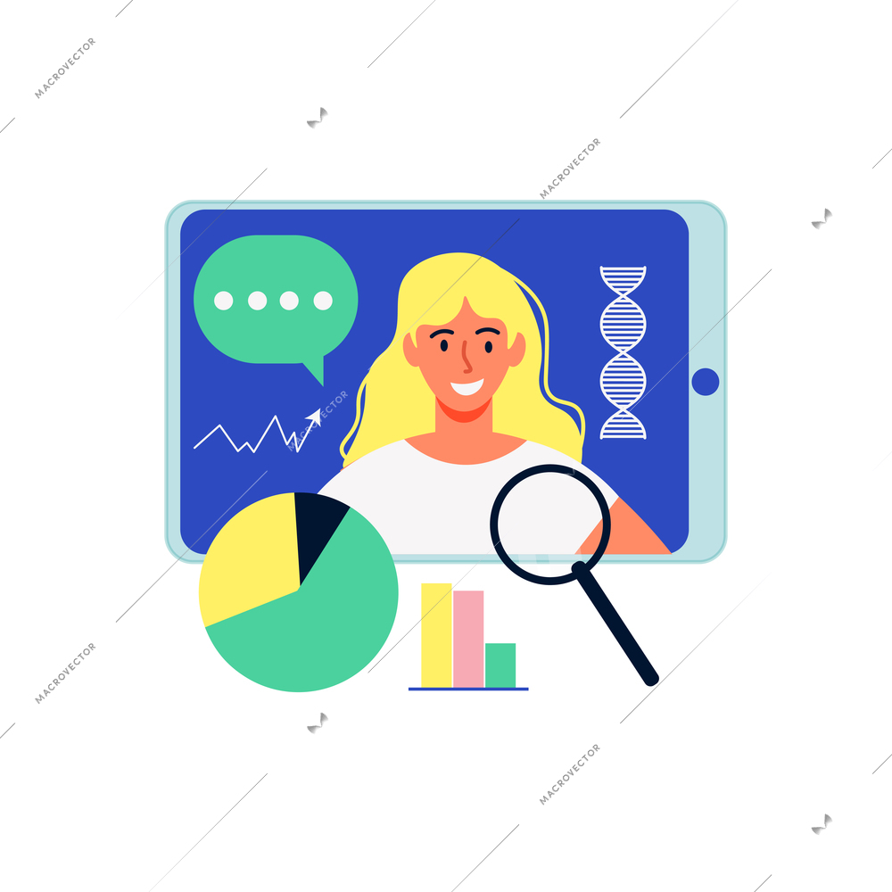 Online education composition with images of tablet with tutor dna icon circular graph and bar chart vector illustration