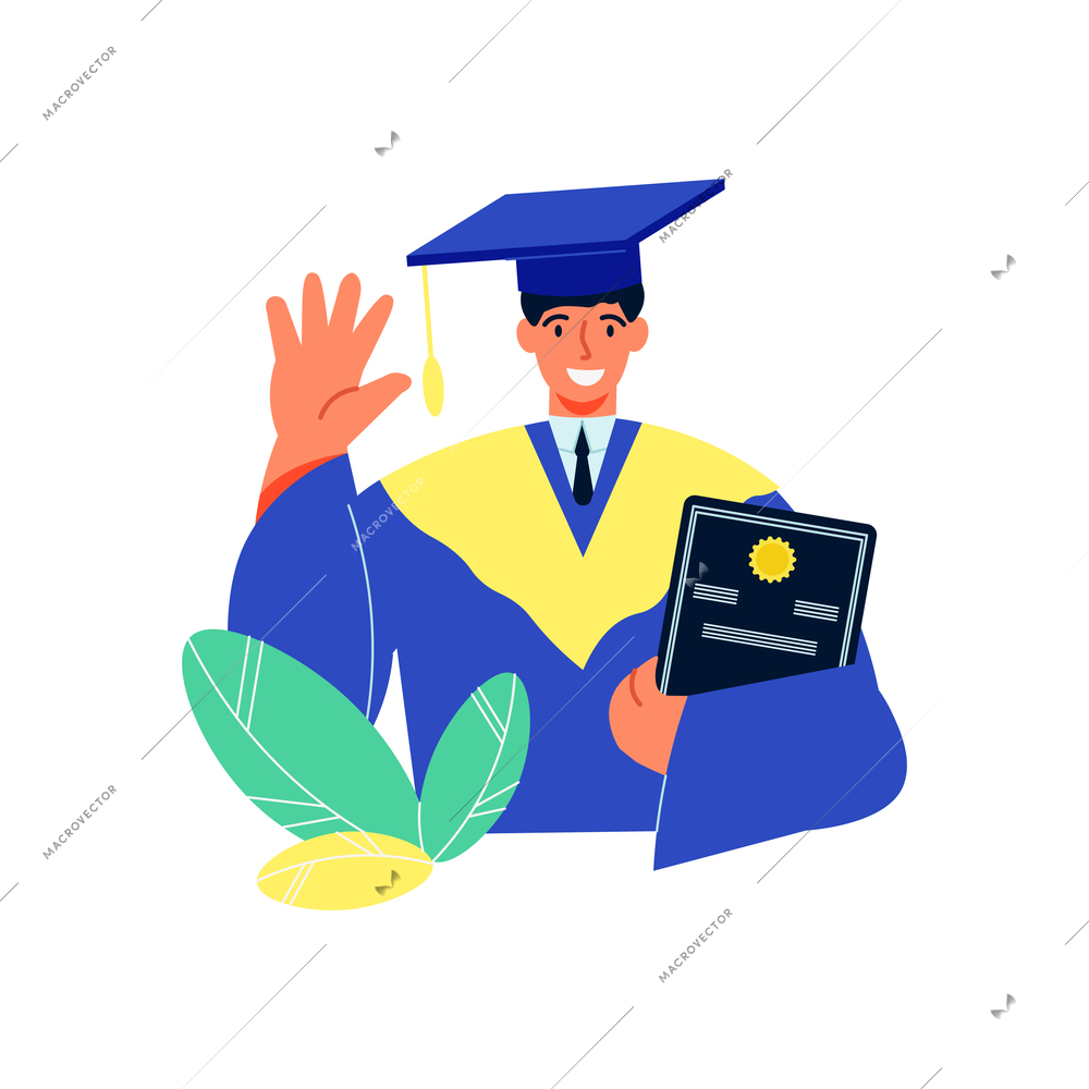 Online education composition with character of happy student in academic hat holding diploma vector illustration