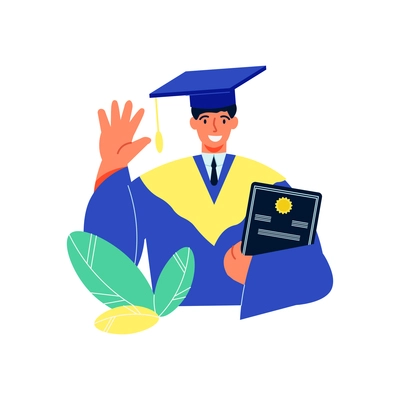 Online education composition with character of happy student in academic hat holding diploma vector illustration