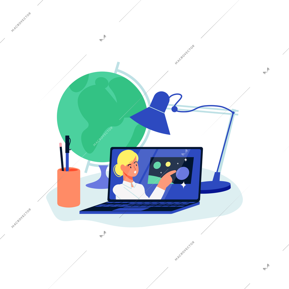 Online education composition with view of workspace elements items with laptop and tutor vector illustration