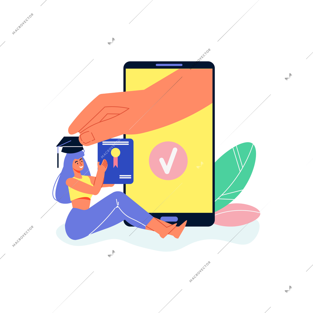 Online education composition with images of smartphone and human hand wearing academic hat on girl vector illustration