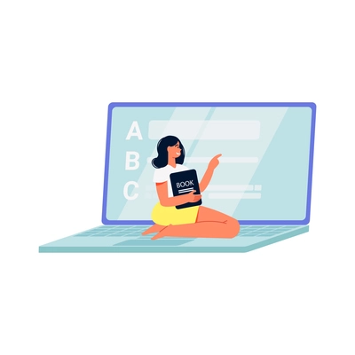 Online education composition with view of open laptop and character of female student vector illustration