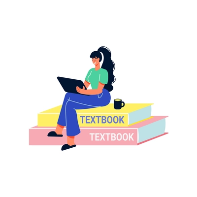 Online education composition with female character with laptop sitting on stack of textbooks vector illustration