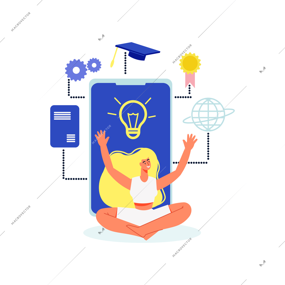 Online education composition with flowchart of study icons and pictograms with smartphone vector illustration