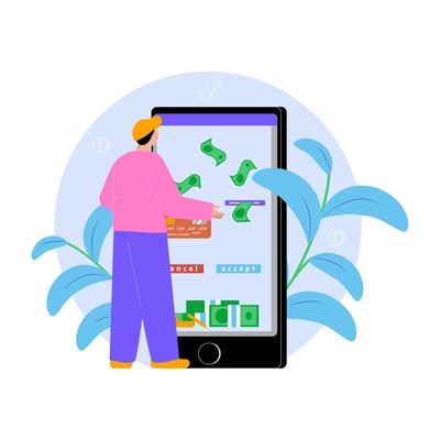 Bank flat composition with character of man in front of smartphone with banknotes cash vector illustration