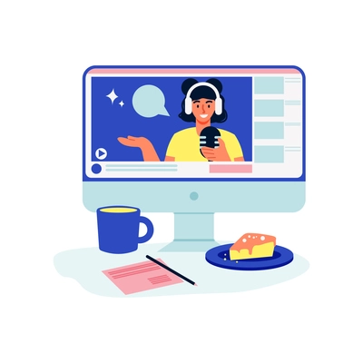 Online education composition with view of workplace with coffee cup cake and computer with tutor vector illustration