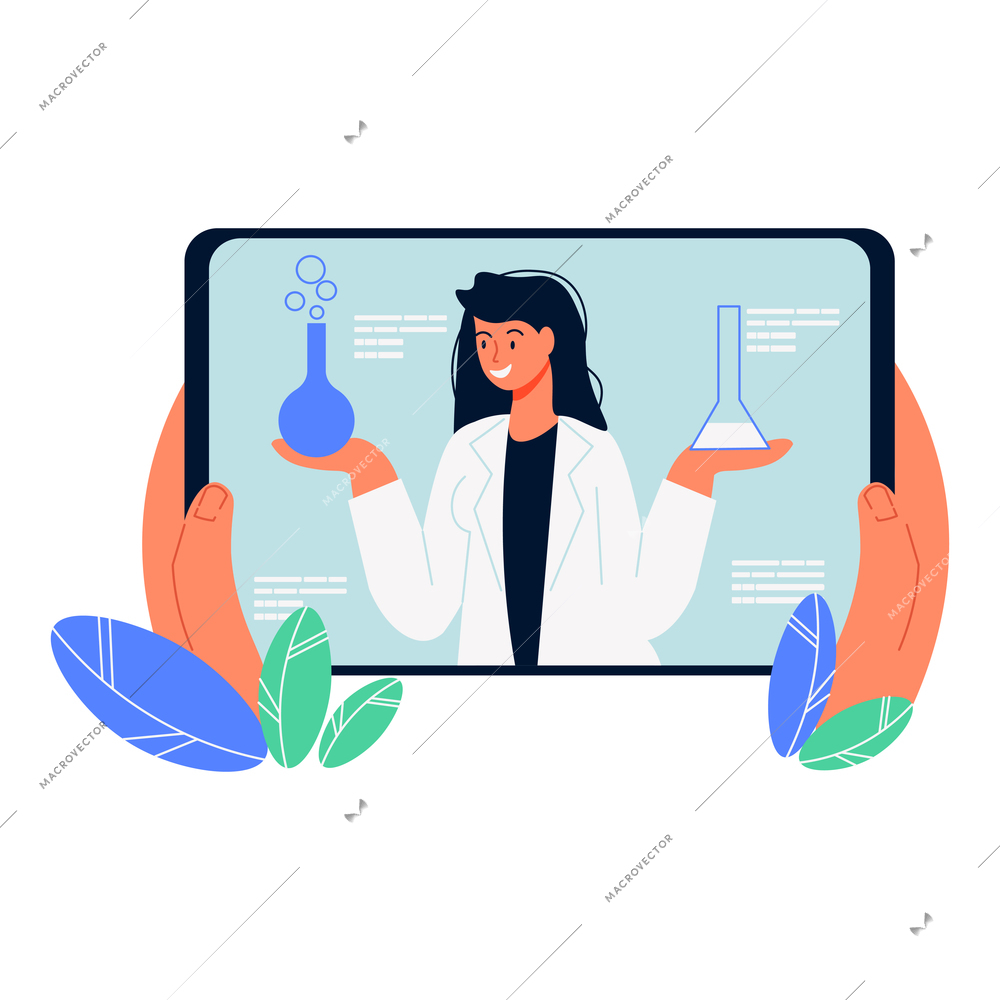 Online education composition with human hands holding tablet with chemistry tutor vector illustration