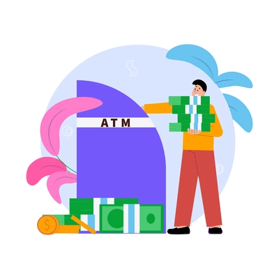 Bank flat composition with character of man withdrawing money from atm vector illustration