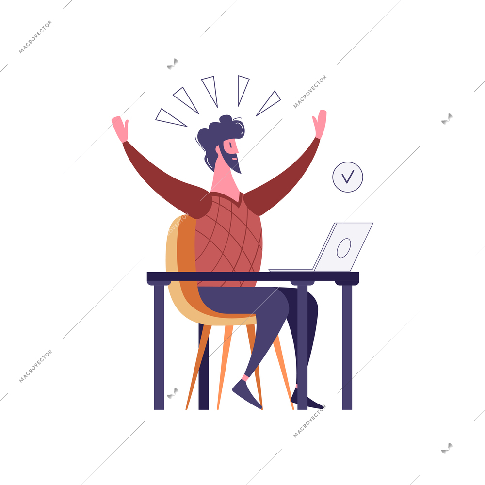 Winner businessmen flat composition with happy man sitting at table with laptop vector illustration