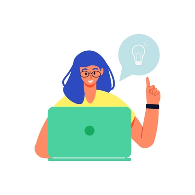 Online education composition with female character in front of laptop with thought bubble vector illustration