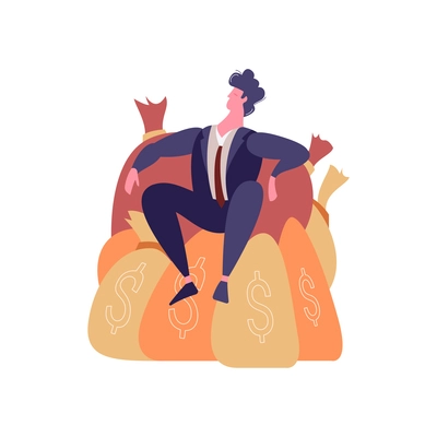 Winner businessmen flat composition with character of budinessman sitting on sacks of money vector illustration