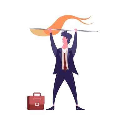 Winner businessmen flat composition with doodle style character of businessman holding flag vector illustration