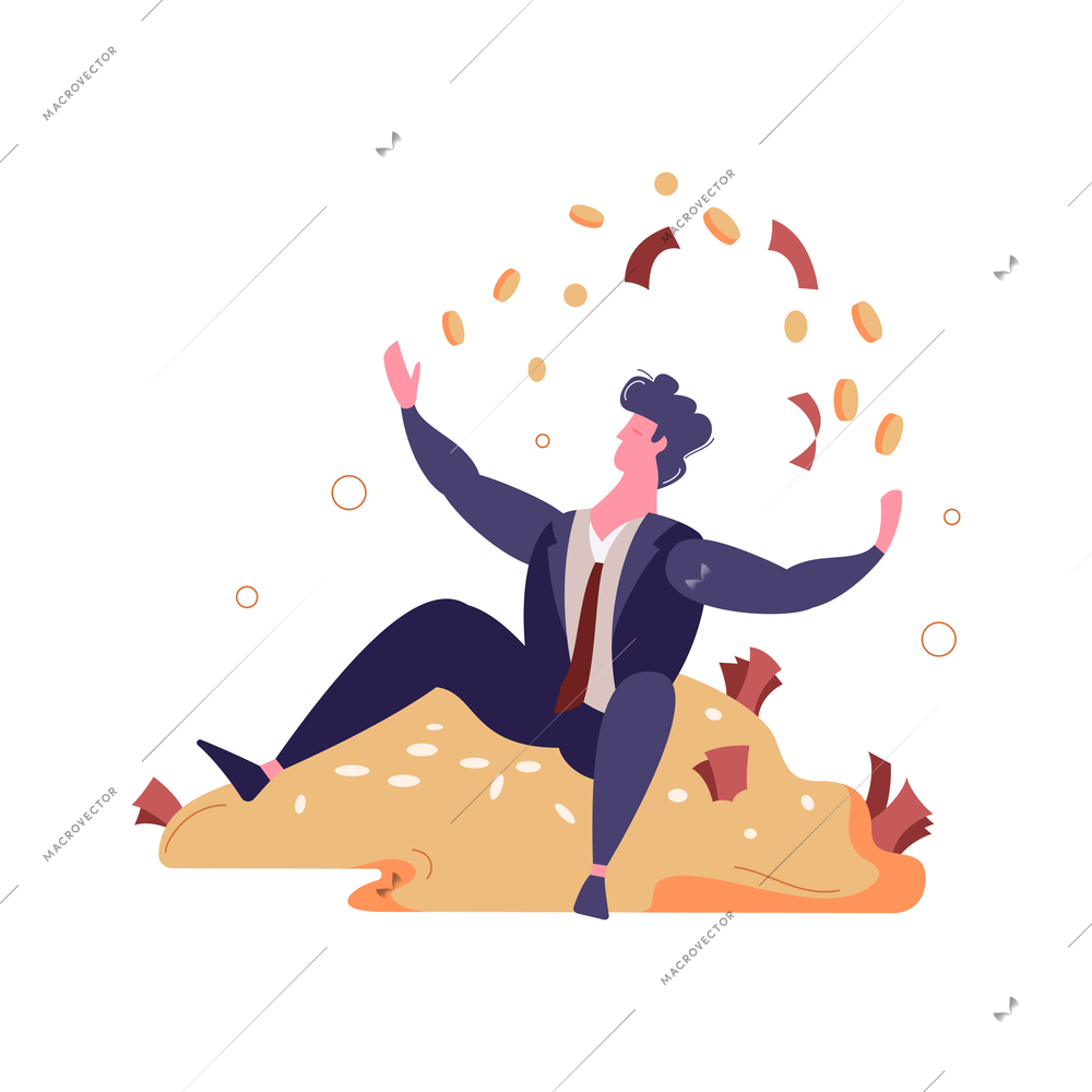 Winner businessmen flat composition with character of happy man sitting on pile of coins vector illustration