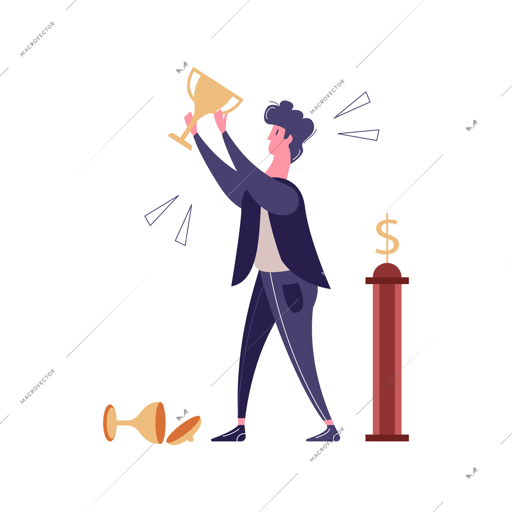 Winner businessmen flat composition with business person character with golden cup award vector illustration